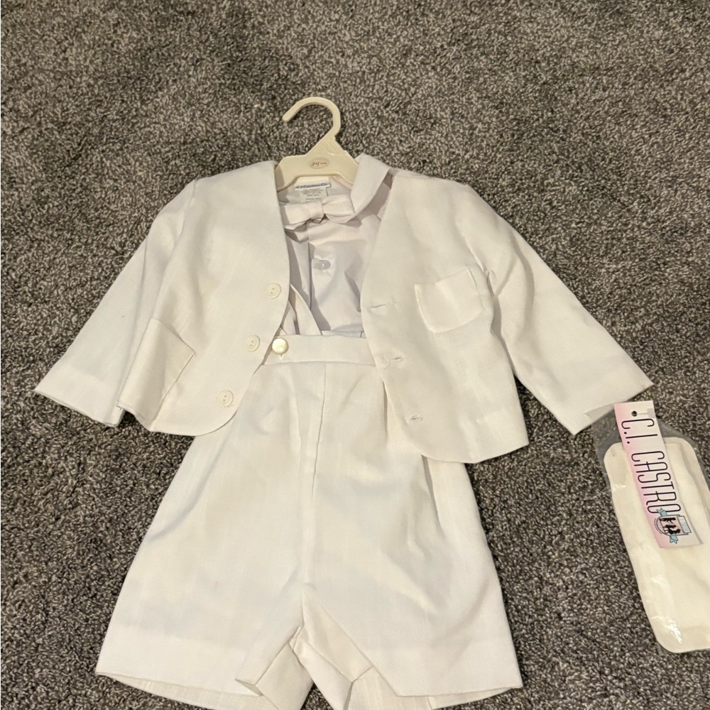 White Baby Suit Set, CI Castro, knee socks, bow tie, Easter, christening, 24 mon